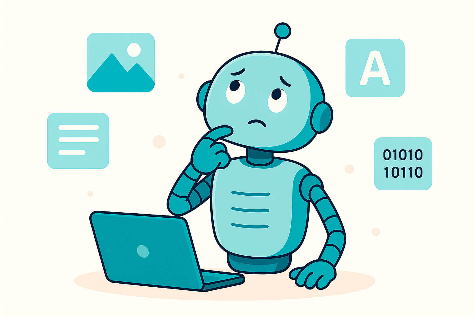 Pessoa e robô usando notebooks lado a lado com lâmpadas de ideia acima