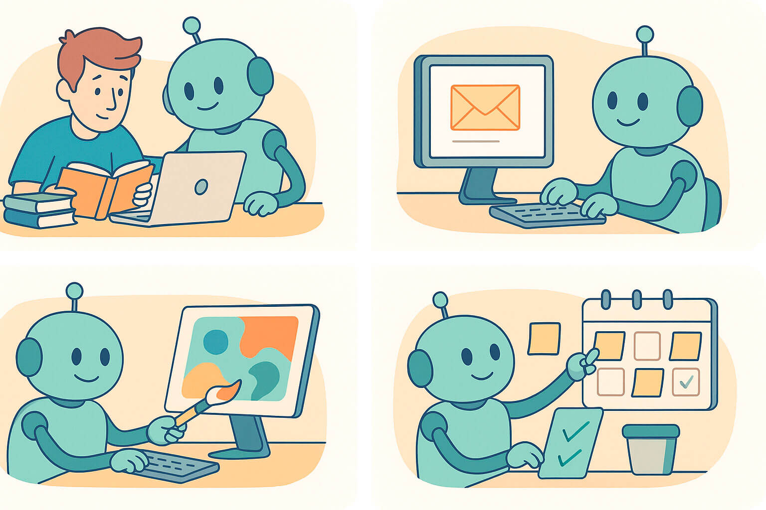 Quatro cenas com robô ajudando a estudar, escrever e-mails, criar arte e organizar tarefas